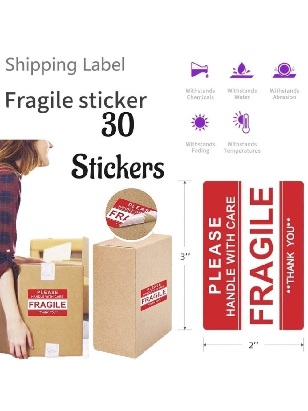 30 Fragile Stickers 3” X 2” Large Red Please Handle With Care Fragile Thank You